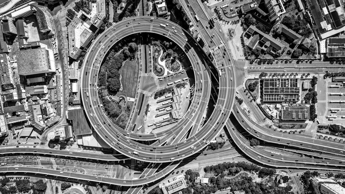 Aerial view of a city intersection, black and white