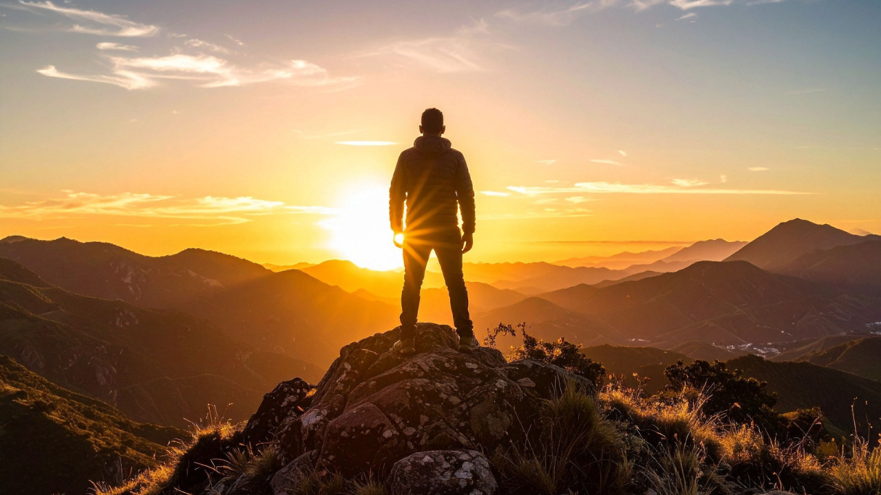 Person standing on a rocky hilltop at sunset overlooking mountain valleys