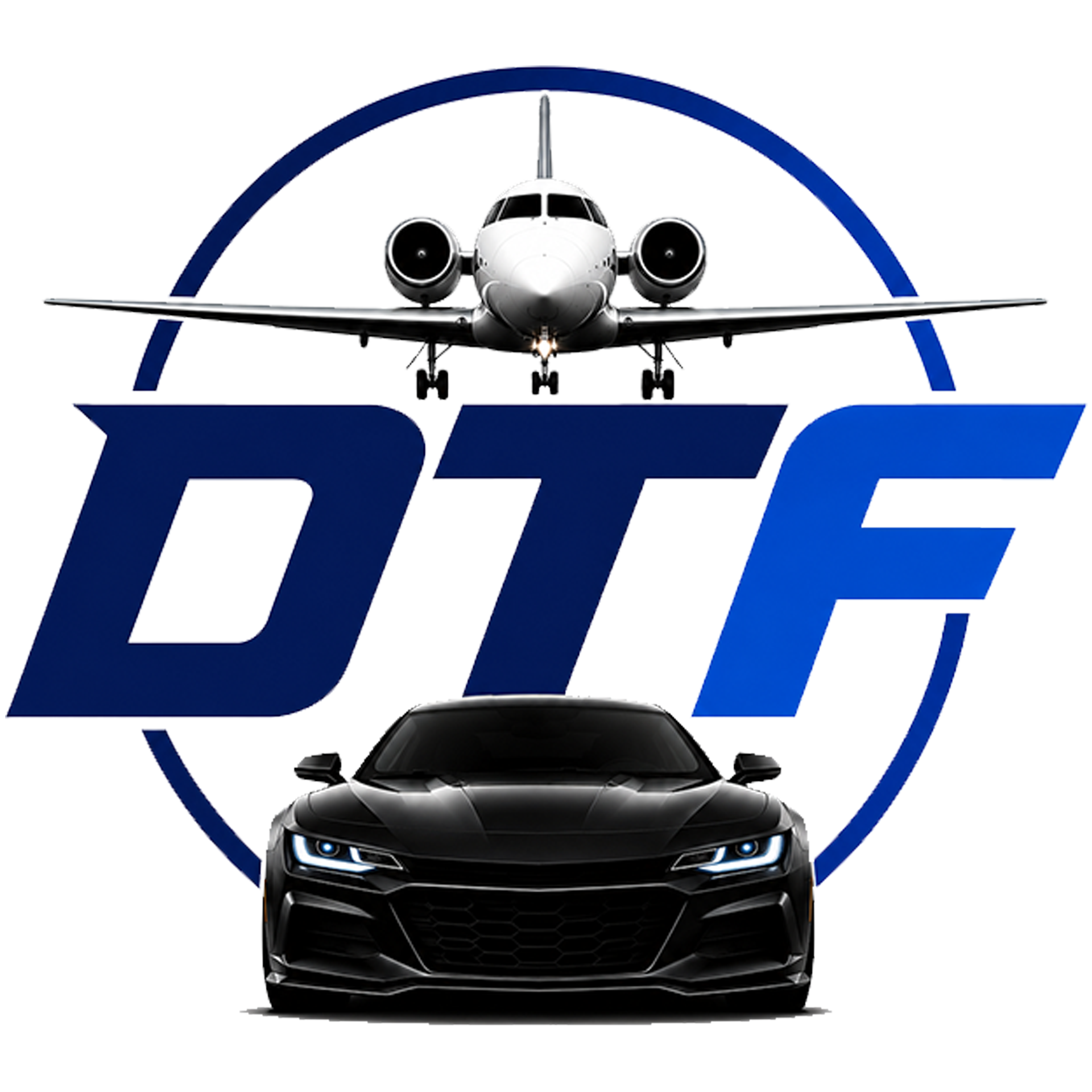 A sleek black sports car with a modern design, large front grille, and narrow headlights is positioned in front of a stylized logo featuring a sports aircraft, set against a dark background with a curved blue border.
