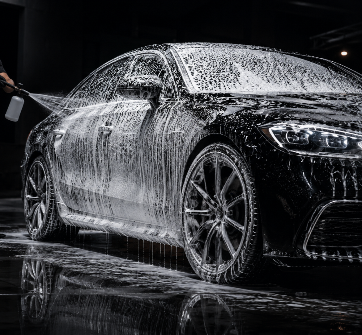 Black luxury car being washed with soap foam, high-pressure water spray, and dry cloth in a professional car wash station.