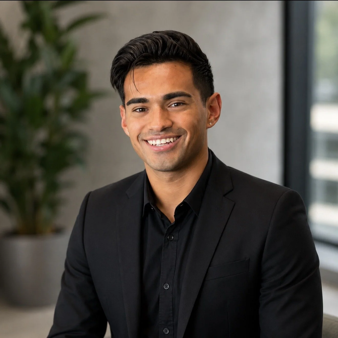 A smiling man in a black suit and black shirt sitting in an office with a plant and window in the background.
