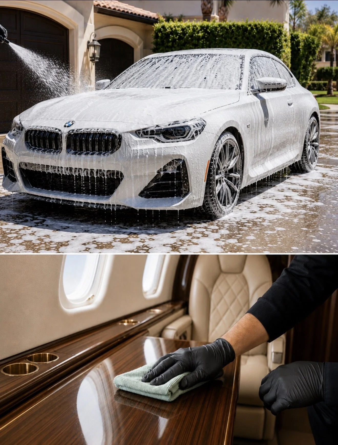 The first image shows a white BMW car being washed with soap and water in a driveway outside a house on a sunny day. The second image shows a person wearing black gloves wiping a polished wooden surface inside a luxurious private jet, with cream-colored leather seats and small windows.