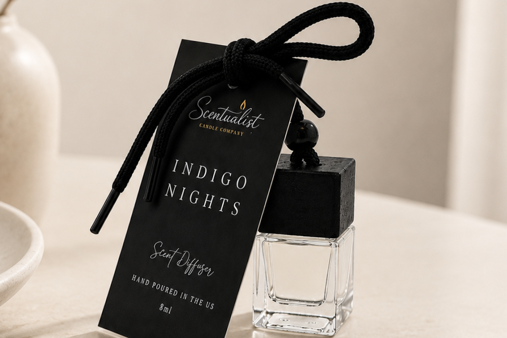 A black and clear glass scented candle with a black wooden lid, tied with a black cord and tag, labeled 'Indigo Nights' from Scentualist Candle Company, placed on a surface.