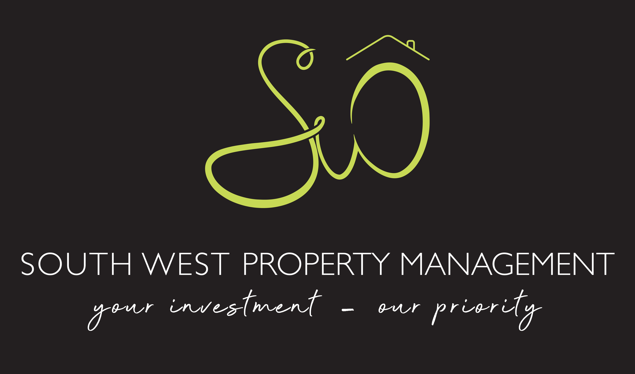 Logo for Southwest Property Management featuring a stylized lime green house outline and a house key on a black background, with the text 'Southwest Property Management' and the slogan 'your investment - our priority' displayed below.