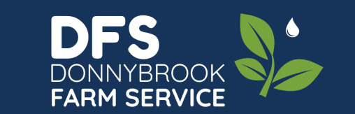 Logo for DFS Donnybrook Farm Service with green leaves and a water droplet on a dark blue background.