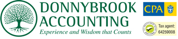 Logo for Donnybrook Accounting featuring a green tree, CPA badge, and tax agent information.