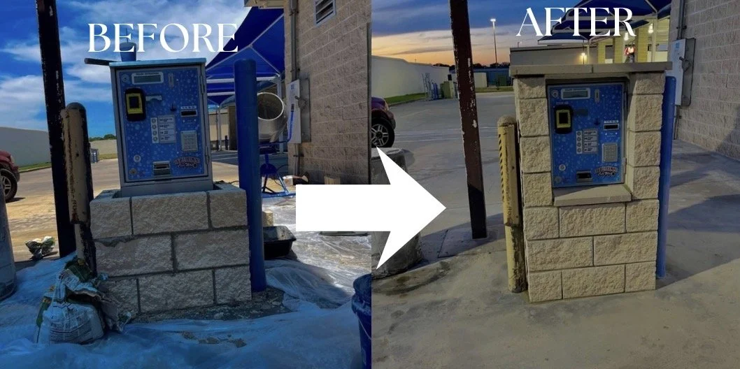 Comparison of a payphone station before and after stone veneer installation. Before image shows the station on a stone pedestal with a blue canopy, while the after image shows a finished stone veneer wall around the station.