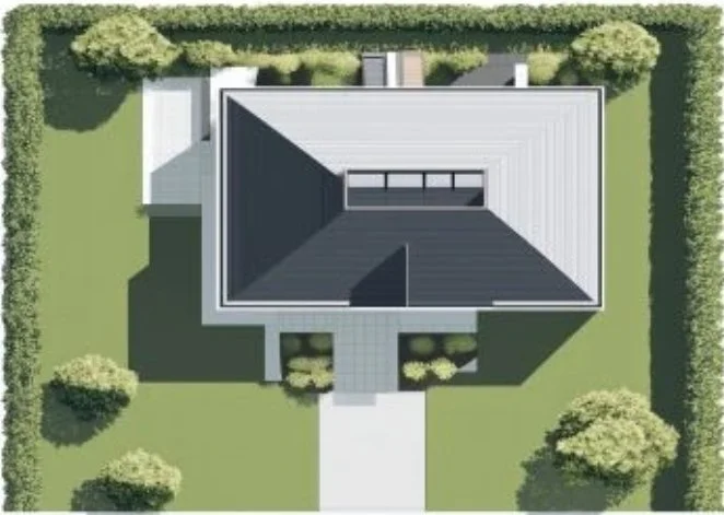 An aerial view of a modern house with a gabled roof, surrounded by a green lawn, trees, and shrubs, with a central pathway leading to the entrance.