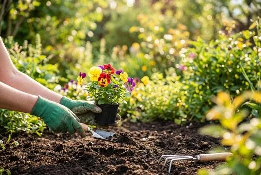 Person planting flowers in the garden with gardening gloves, a trowel, and a small pot of colorful flowers.