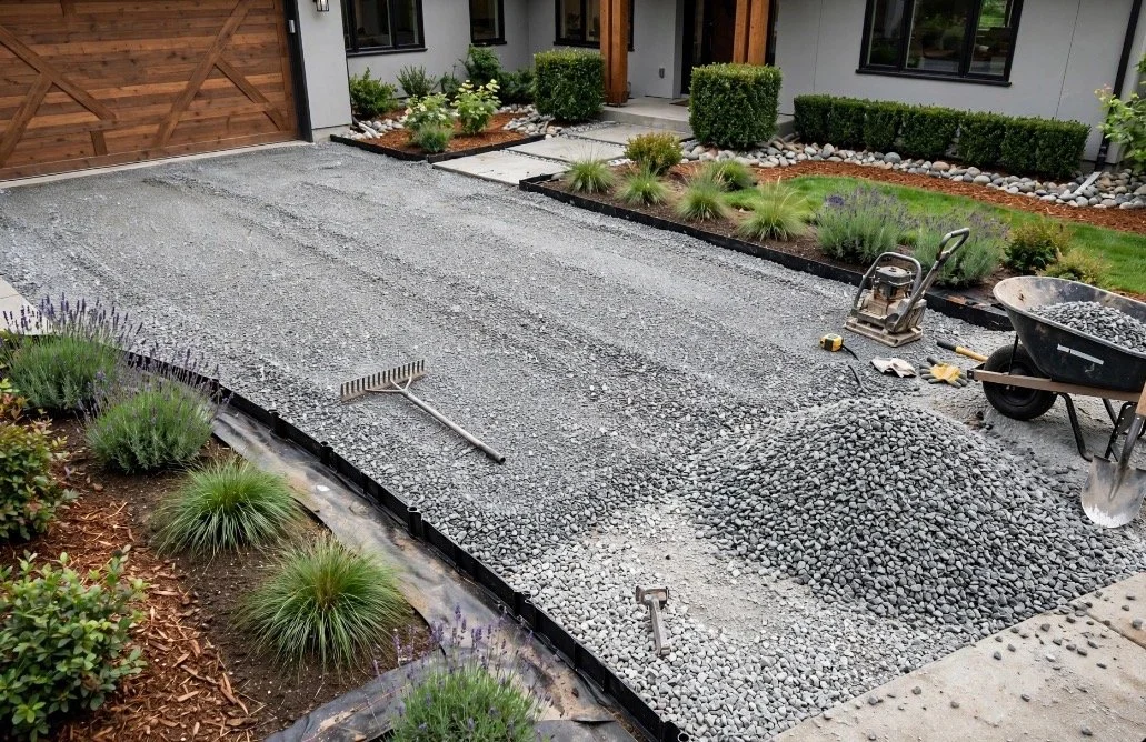 A residential yard under construction with gravel being spread for a driveway, surrounded by landscaped flower beds and a partially visible house.