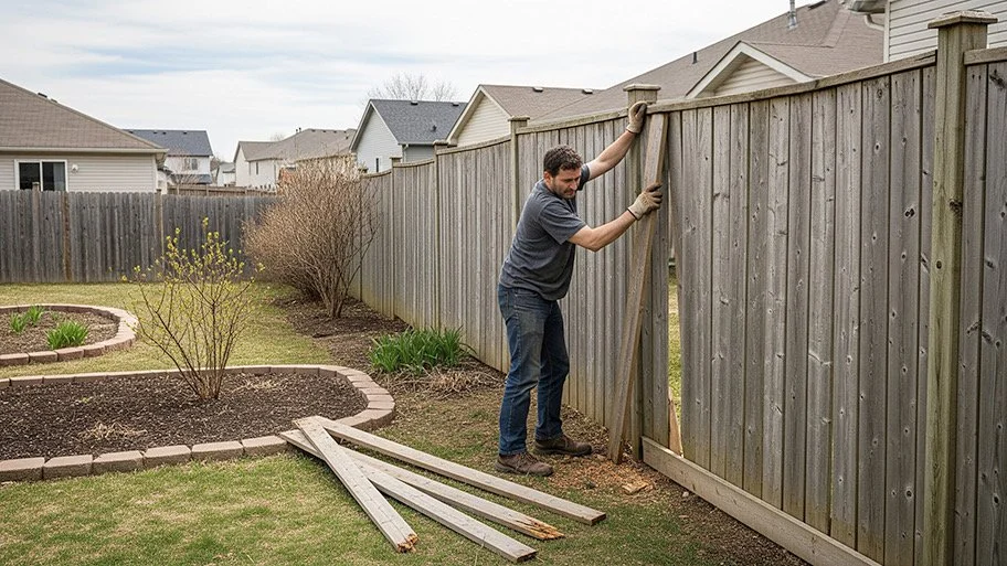 A man installing a new wooden privacy fence in his backyard on a cloudy day.
