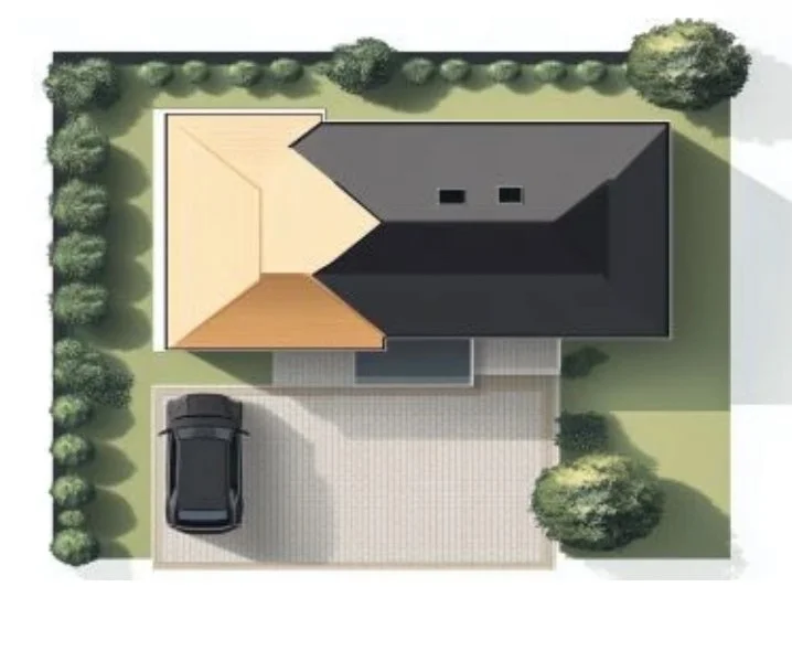 A top-down view of a house with a driveway, a car, trees, and a landscaped yard.