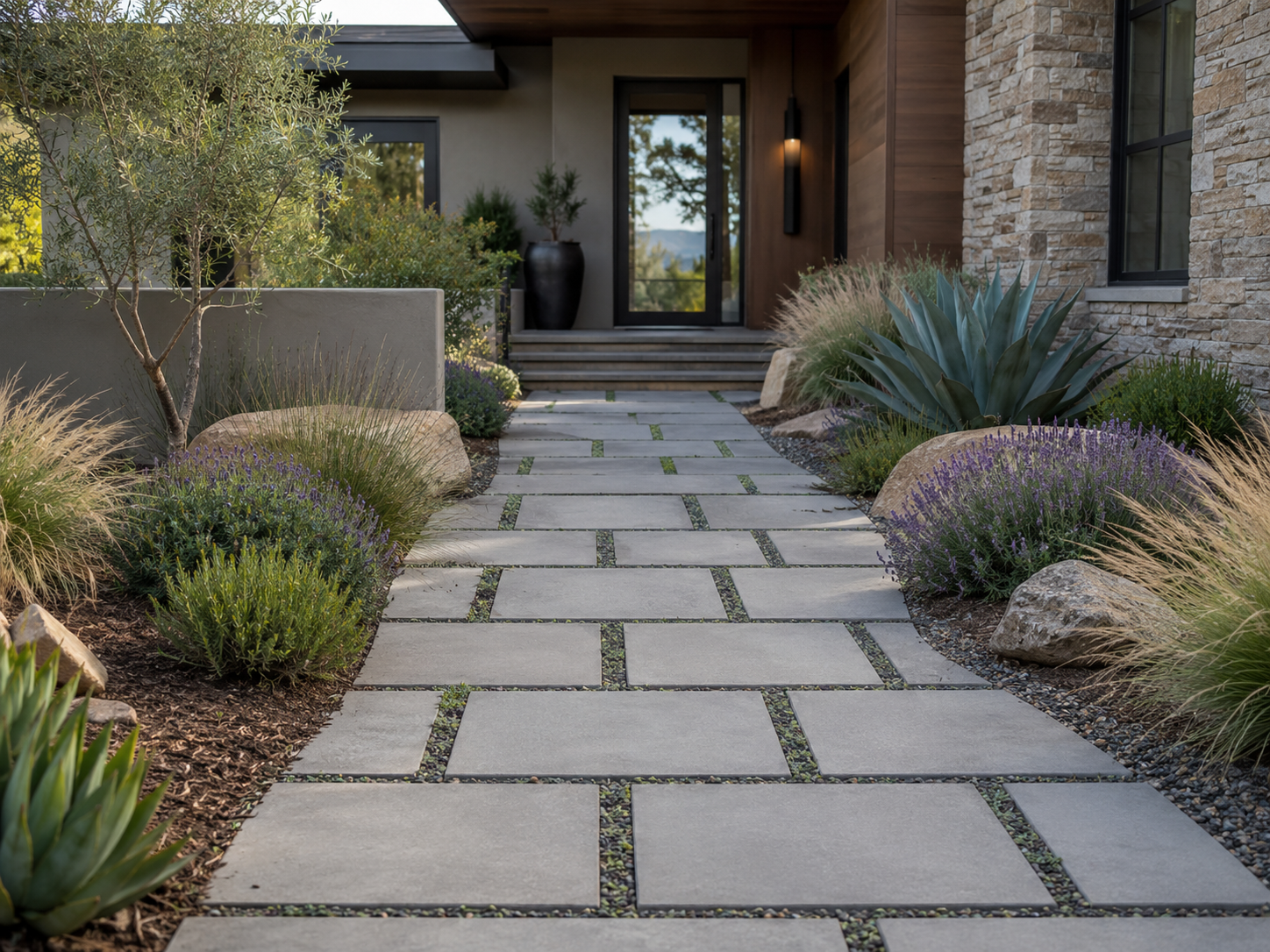 A modern house entrance with a stone and wood exterior, a pathway made of large rectangular pavers with small gravel filled gaps, surrounded by drought-tolerant plants and rocks, leading to a glass door with a small staircase.