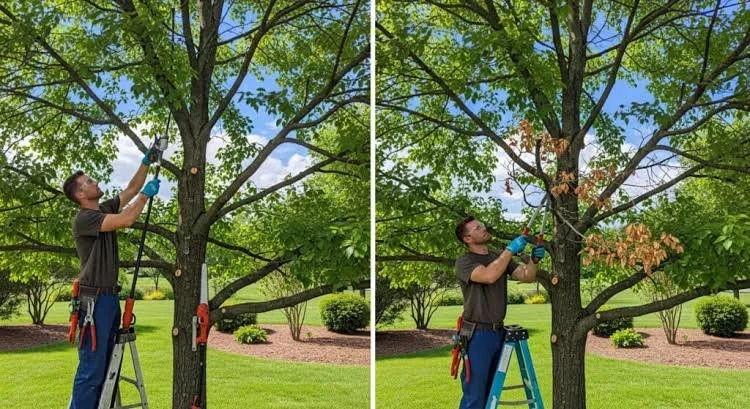 A man trimming tree branches with pruning shears while standing on a ladder in a park-like area with green grass, bushes, and a partly cloudy sky.
