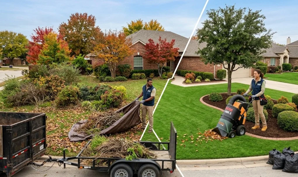Side-by-side comparison of a yard before and after landscaping. The left side shows a yard with overgrown plants and bushes, with a worker cleaning debris into a trailer. The right side shows a neatly landscaped yard with a trimmed grass lawn, a tree, and a worker using a leaf blower.