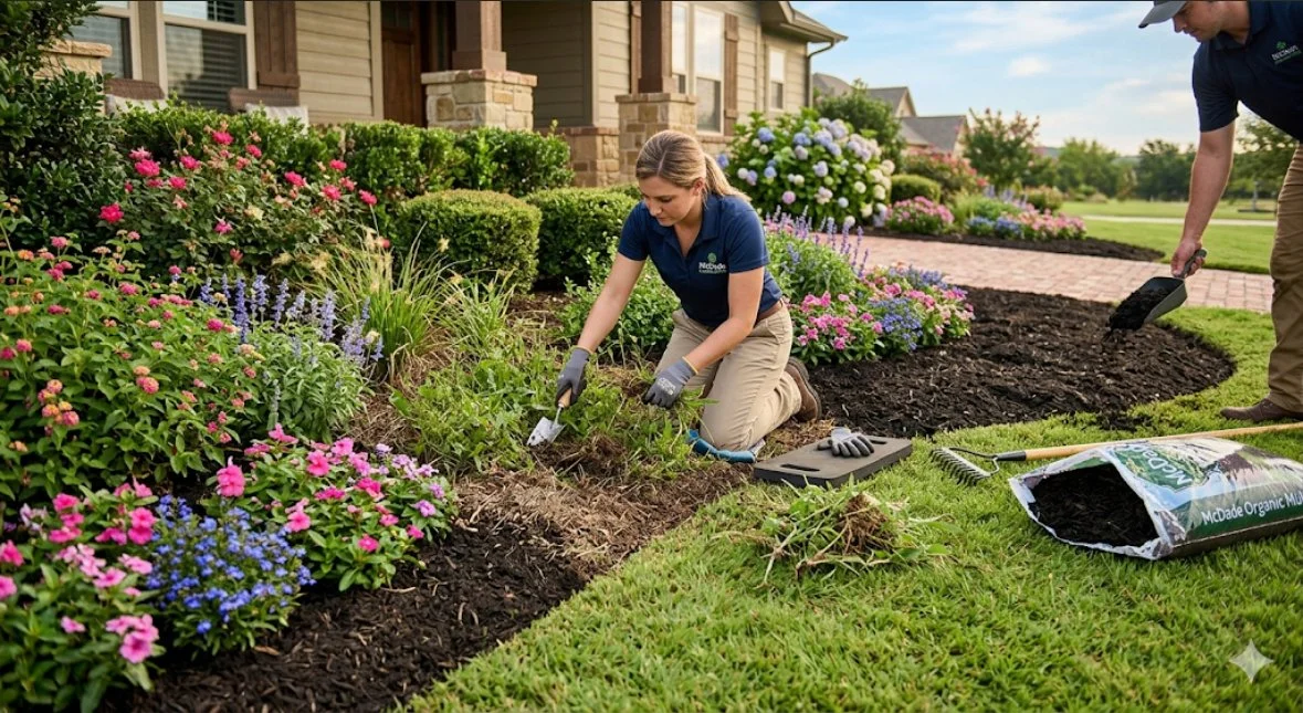 Two people gardening outside near a house with colorful flowers and shrubs, one kneeling and planting, the other standing and scooping soil.