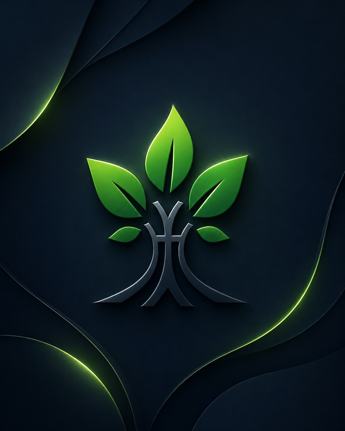 A stylized logo of a green tree with three large leaves and two small leaves on a dark background with glowing green accents.