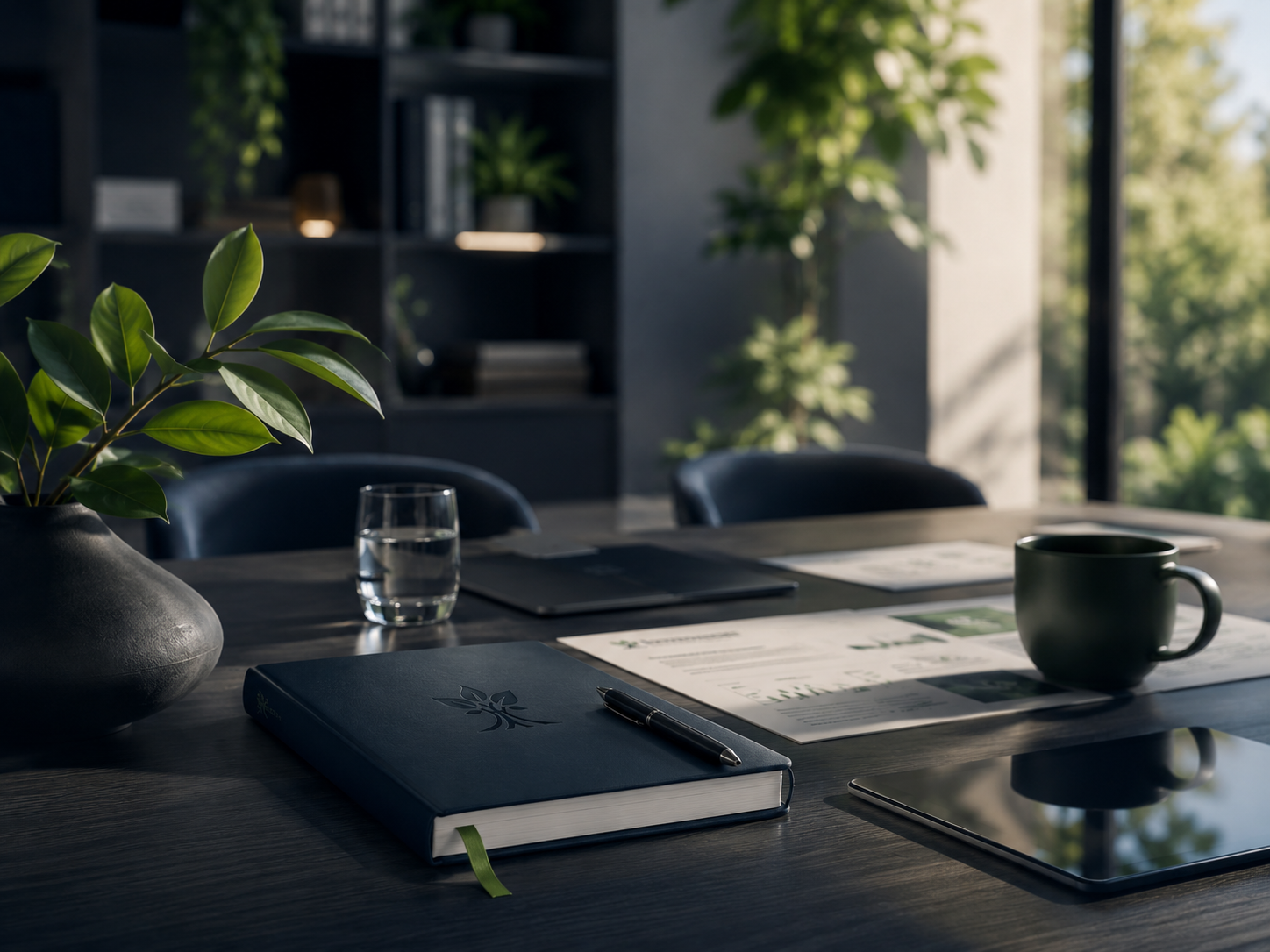 A conference room table with a potted plant, a glass of water, a closed notebook with a pen on it, some papers, a computer, and a coffee mug, with large windows and greenery outside.