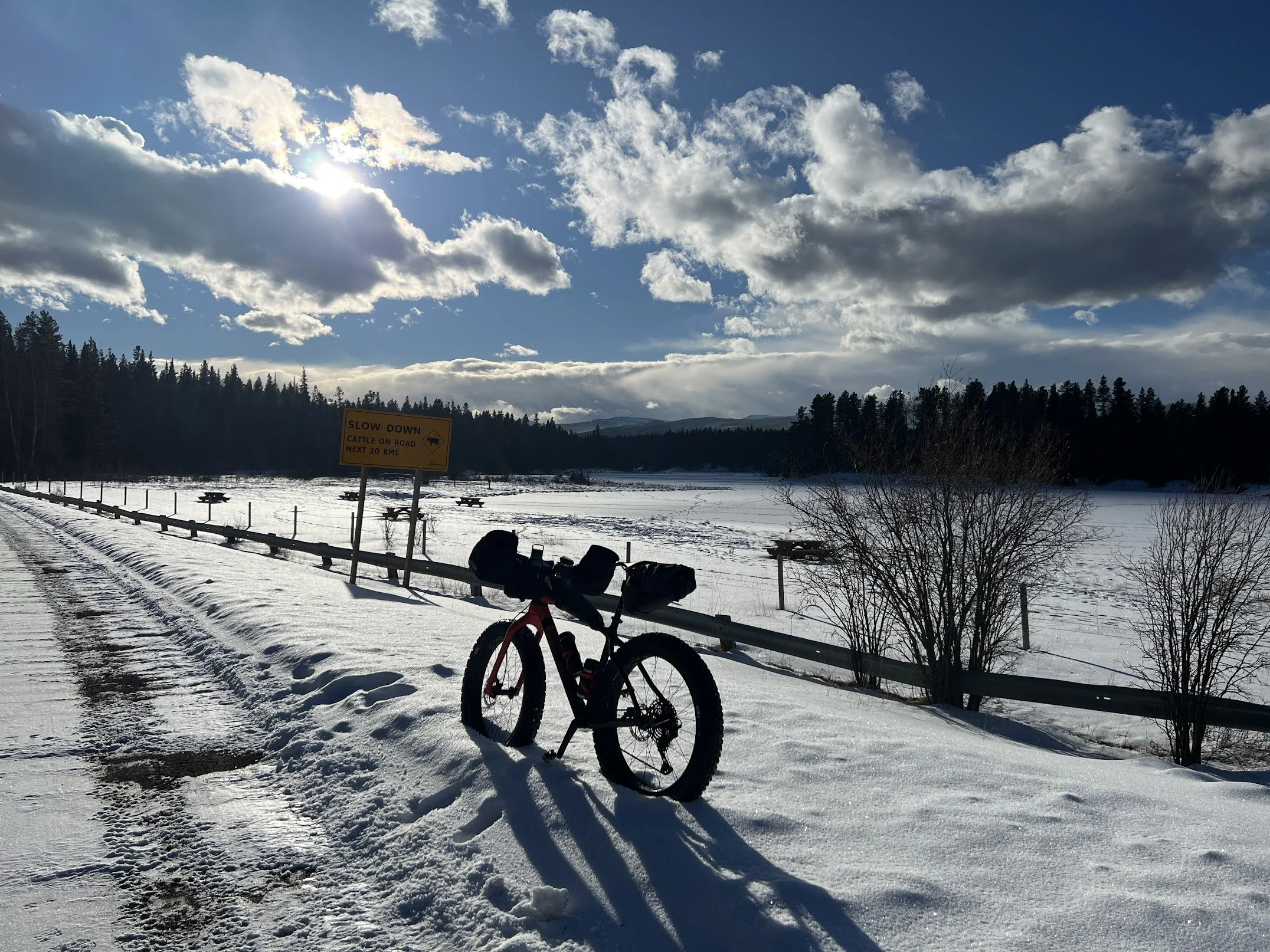 Bike leaning on snow during a training ride