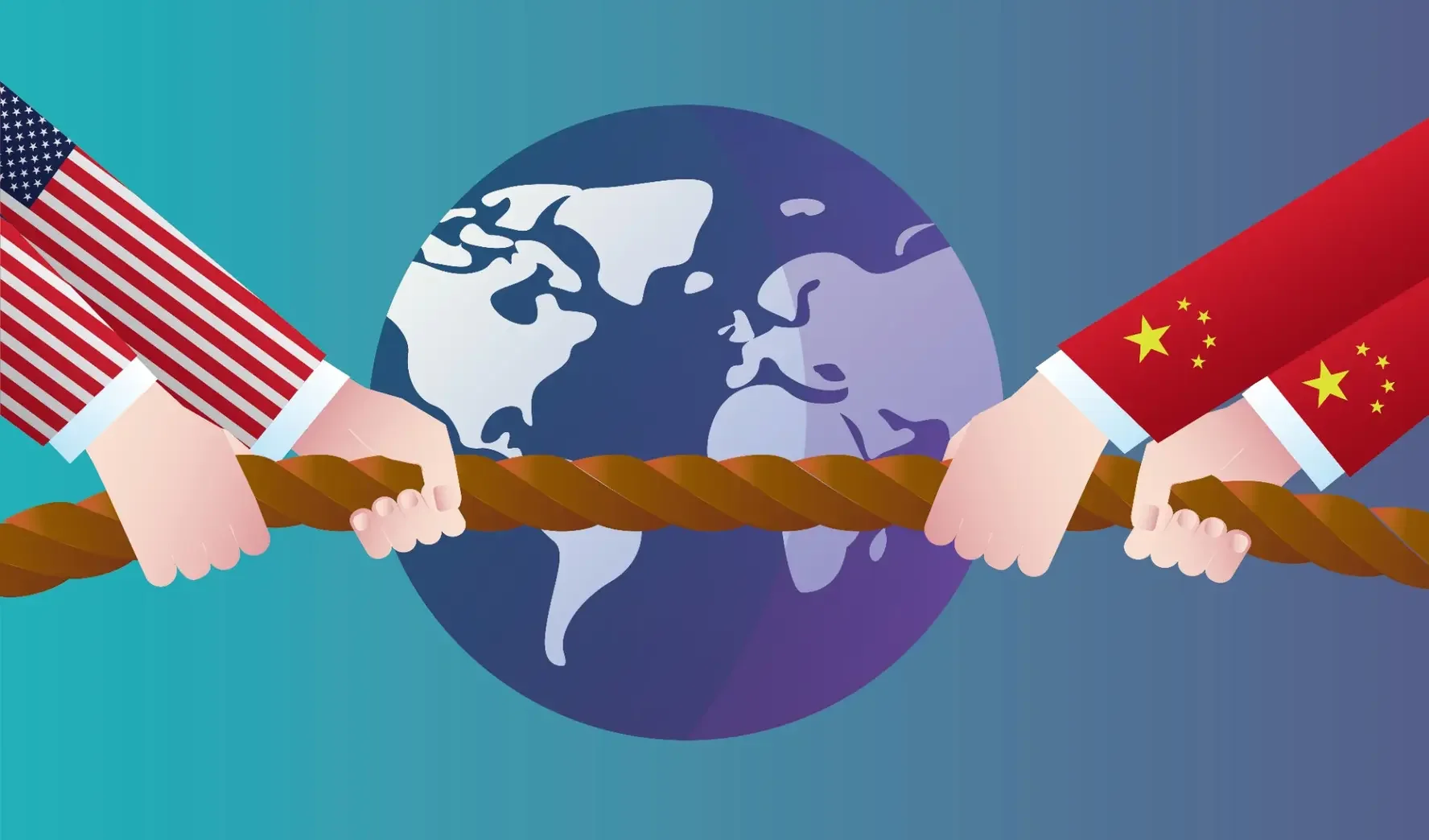 Two hands holding a rope are depicted, one wearing a sleeve with an American flag pattern and the other with a sleeve with Chinese flag pattern, with a globe in the background.