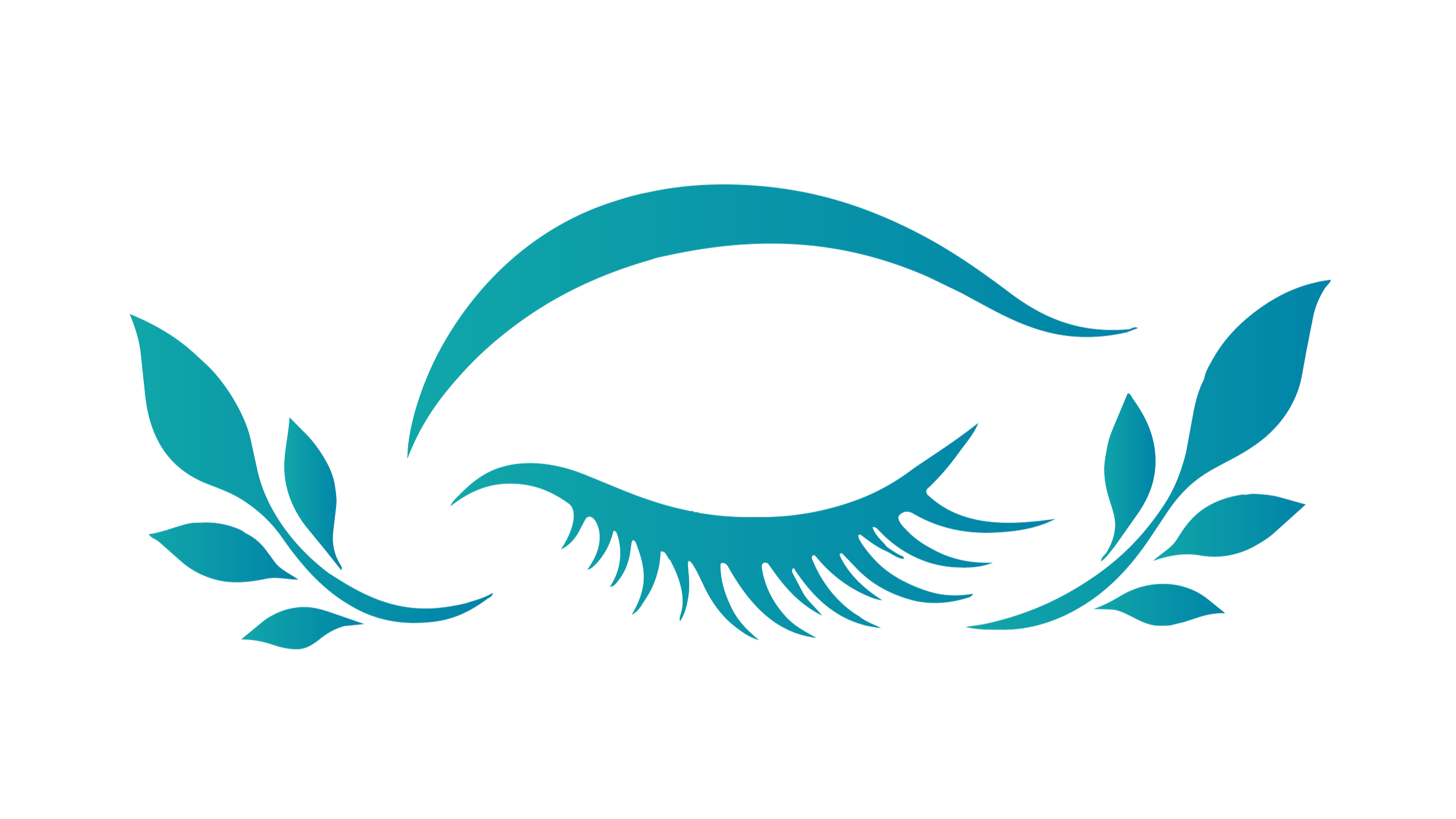 Stylized blue eye with leaf and feather elements surrounding it.