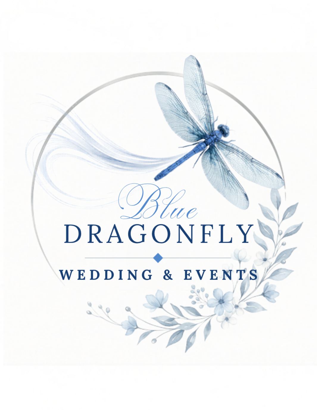 Logo for Blue Dragonfly Wedding & Events featuring a blue dragonfly and floral design.