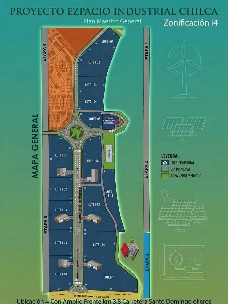Plano del proyecto industrial EZSPACE Chilca mostrando etapas, diferentes lotes, área verde y vías principales.