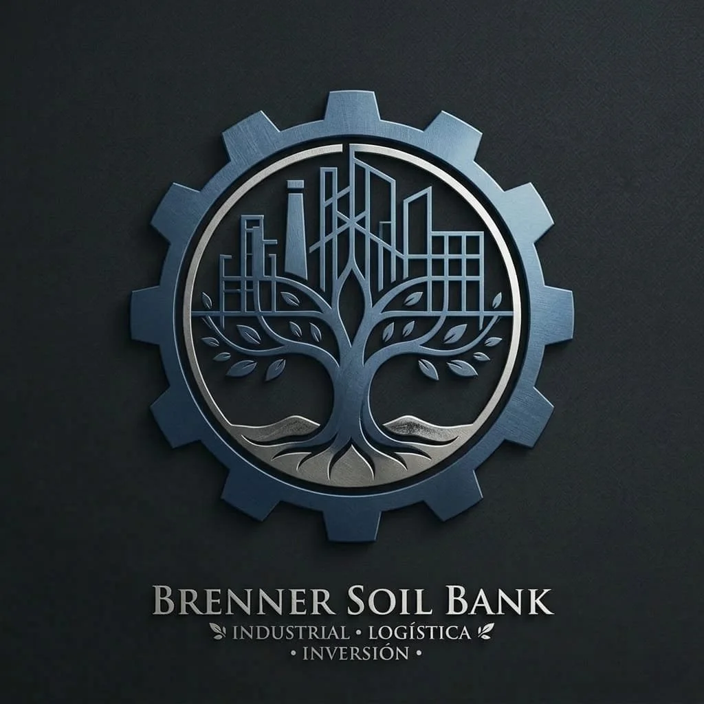 Emblema de metal con forma de engranaje que contiene un árbol con raíces y ramas que parecen estructuras urbanas, sobre fondo oscuro. Texto que dice: 'Brenner Soil Bank, Industrial, Logística, Inversión'.