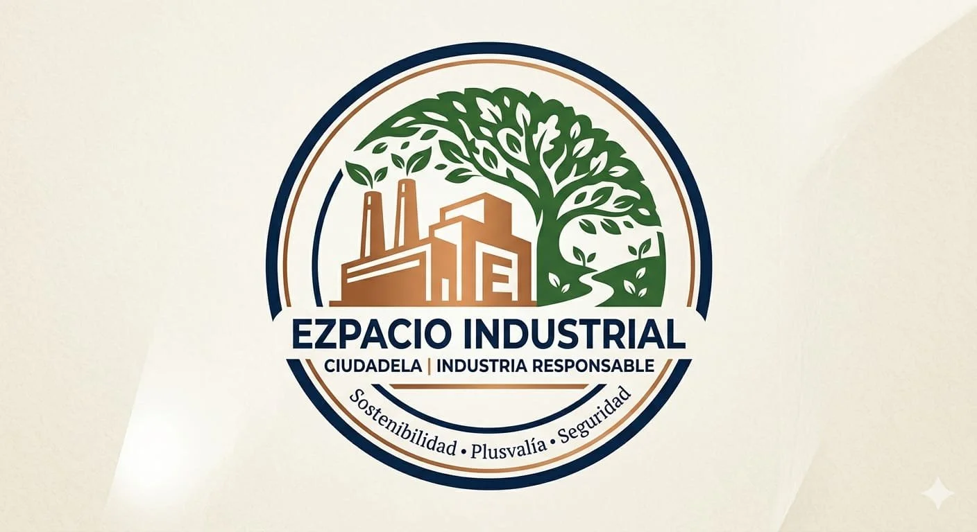 Logotipo del espacio industrial con una fábrica y un árbol, abajo el texto 'EZPACIO INDUSTRIAL CIUDADELA | INDUSTRIA RESPONSABLE' y un lema 'Sostenibilidad • Plusvalía • Seguridad'.