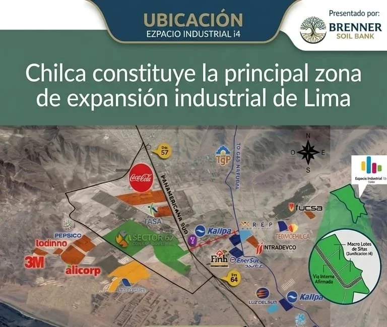 Mapa que muestra la localización de la zona industrial Chilca en Lima, con varias empresas y sectores marcados, y un texto que indica que Chilca es la principal zona de expansión industrial de Lima.