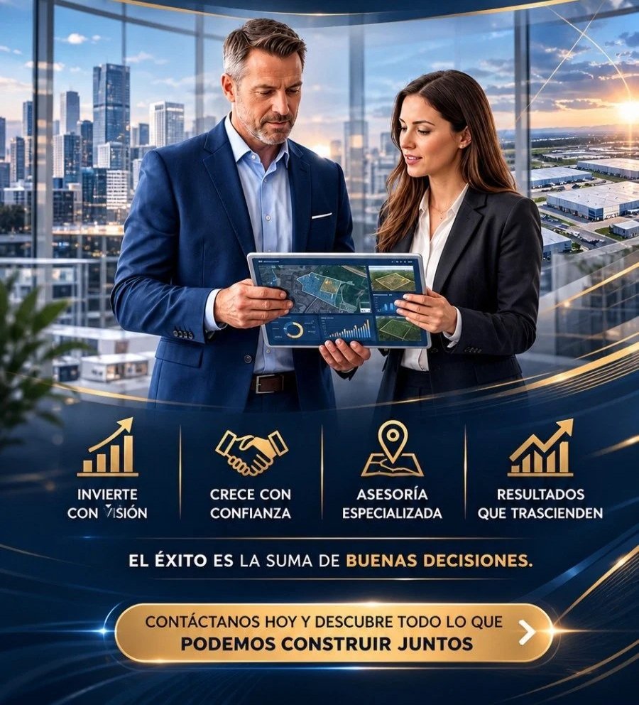 Dos personas de negocios, un hombre y una mujer, revisando información en una tableta en una oficina con vista a una ciudad moderna y un atardecer, acompañados de un mensaje motivacional sobre decisiones y éxito.