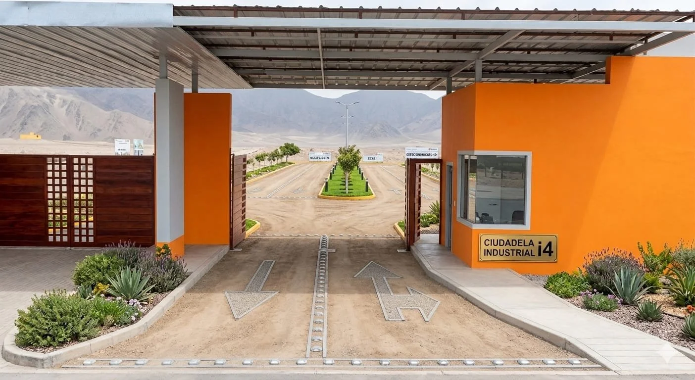 Entrada a una ciudad industrial con muro en color naranja y señalamiento que dice 'Ciudadela Industrial 14'.