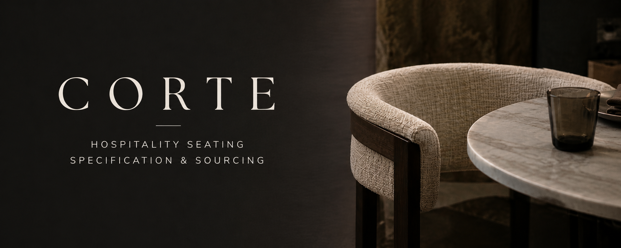 A webpage titled 'Corte Hospitality Seating Specification & Sourcing' shows a modern dining or meeting area with a round marble table, a curved upholstered chair, and a black glass tumbler.