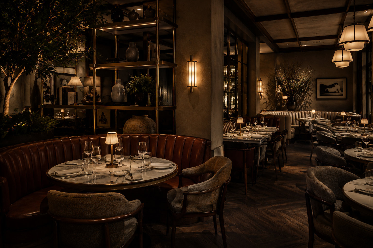 Elegant restaurant interior with dim lighting, round tables set with white napkins and glasses, plush chairs, decorative shelves with vases and plants, and artwork on the walls.
