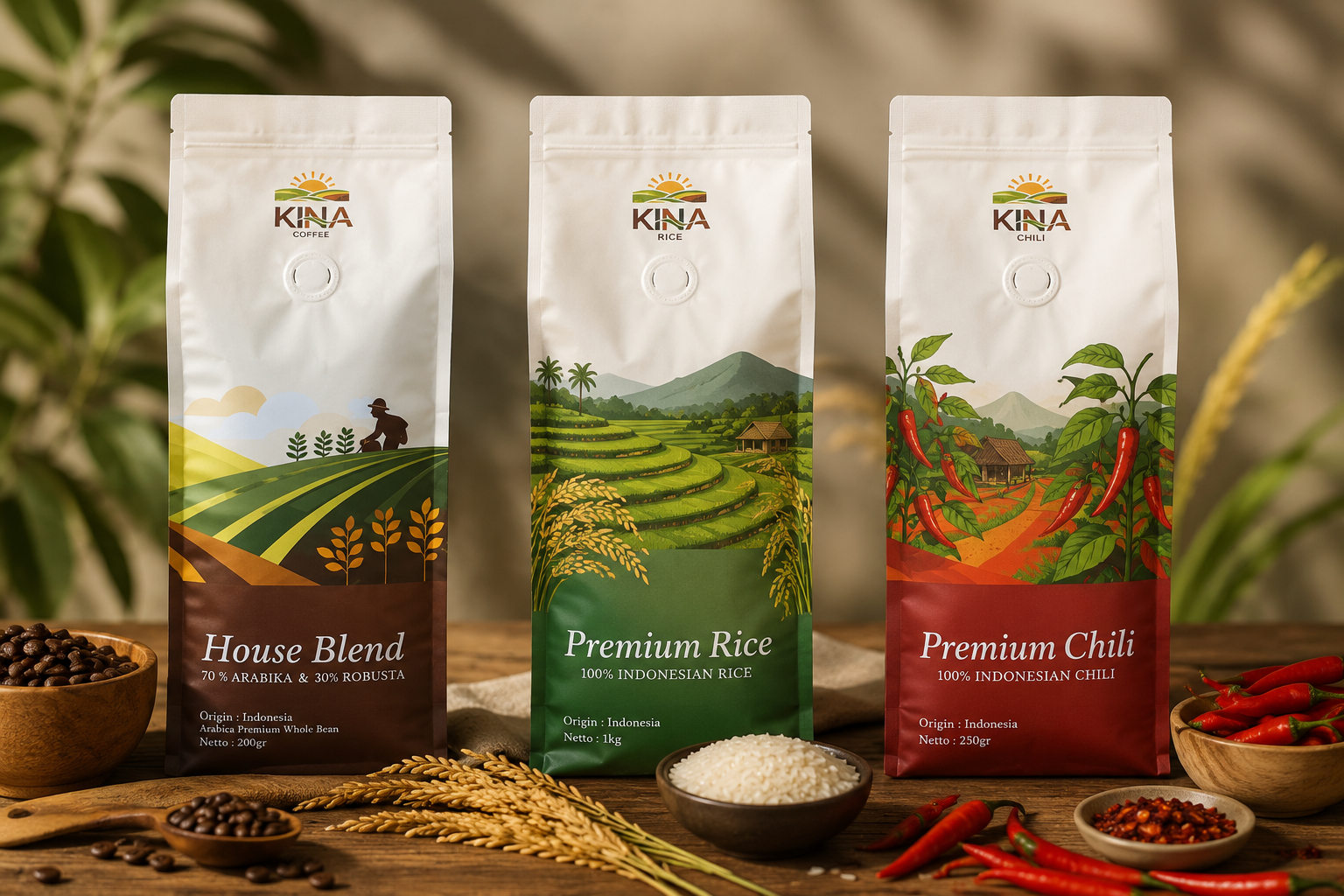 Three packages of Indonesian agricultural products: house blend coffee, premium rice, and premium chili, with rice and chili displayed nearby, on a wooden surface with chili peppers, rice grains, and coffee beans.