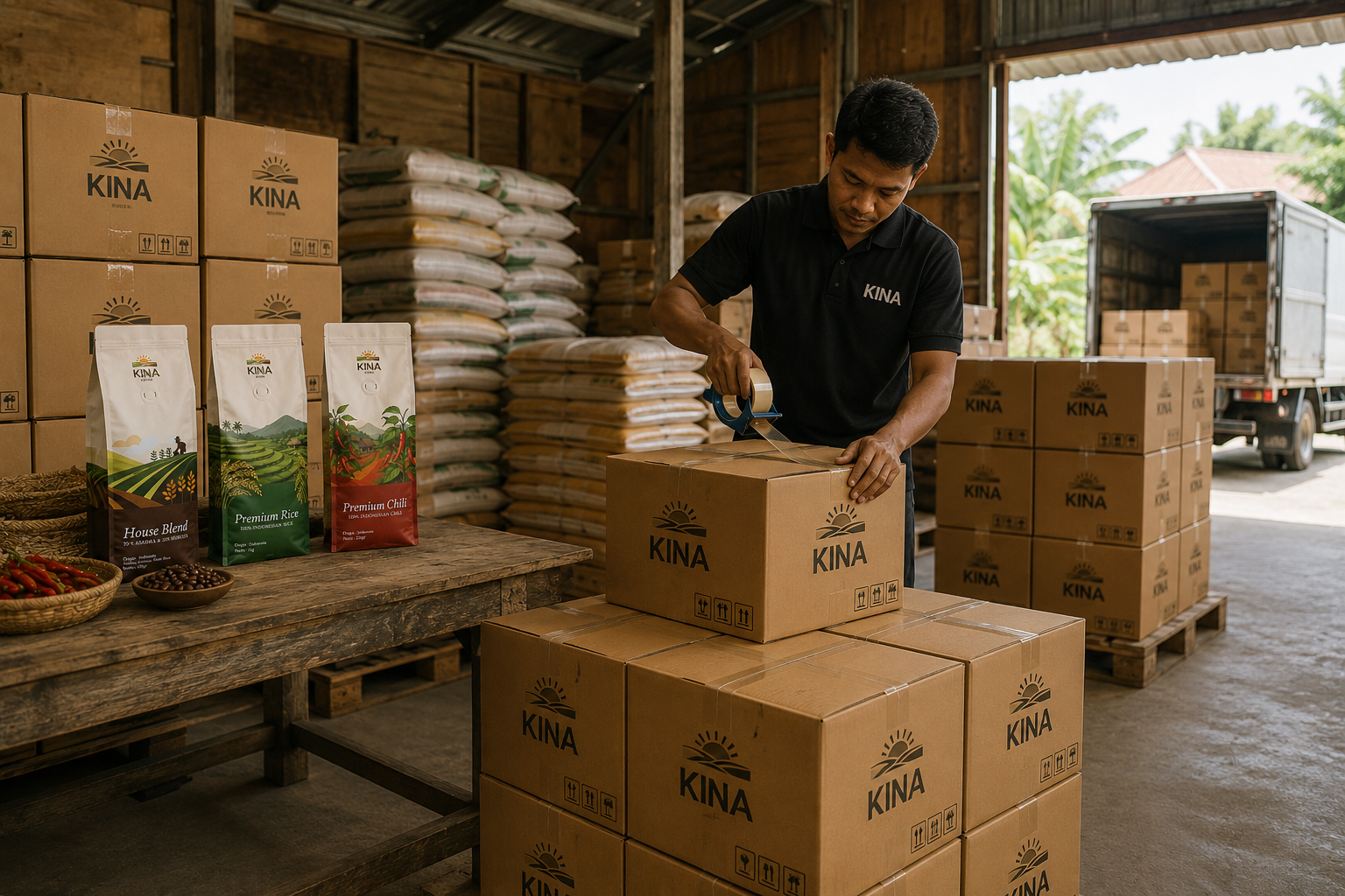 A man in a black shirt labeled 'KINA' is sealing a cardboard box with packing tape inside a warehouse. There are stacked boxes and bags of rice labeled 'KINA' and some packaged products on a wooden table next to him, with a truck outside the warehouse visible through an open door.