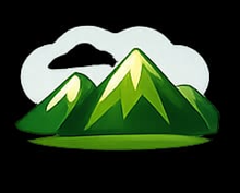 Stylized illustration of green mountains with a cloud and a small black bird in the sky.