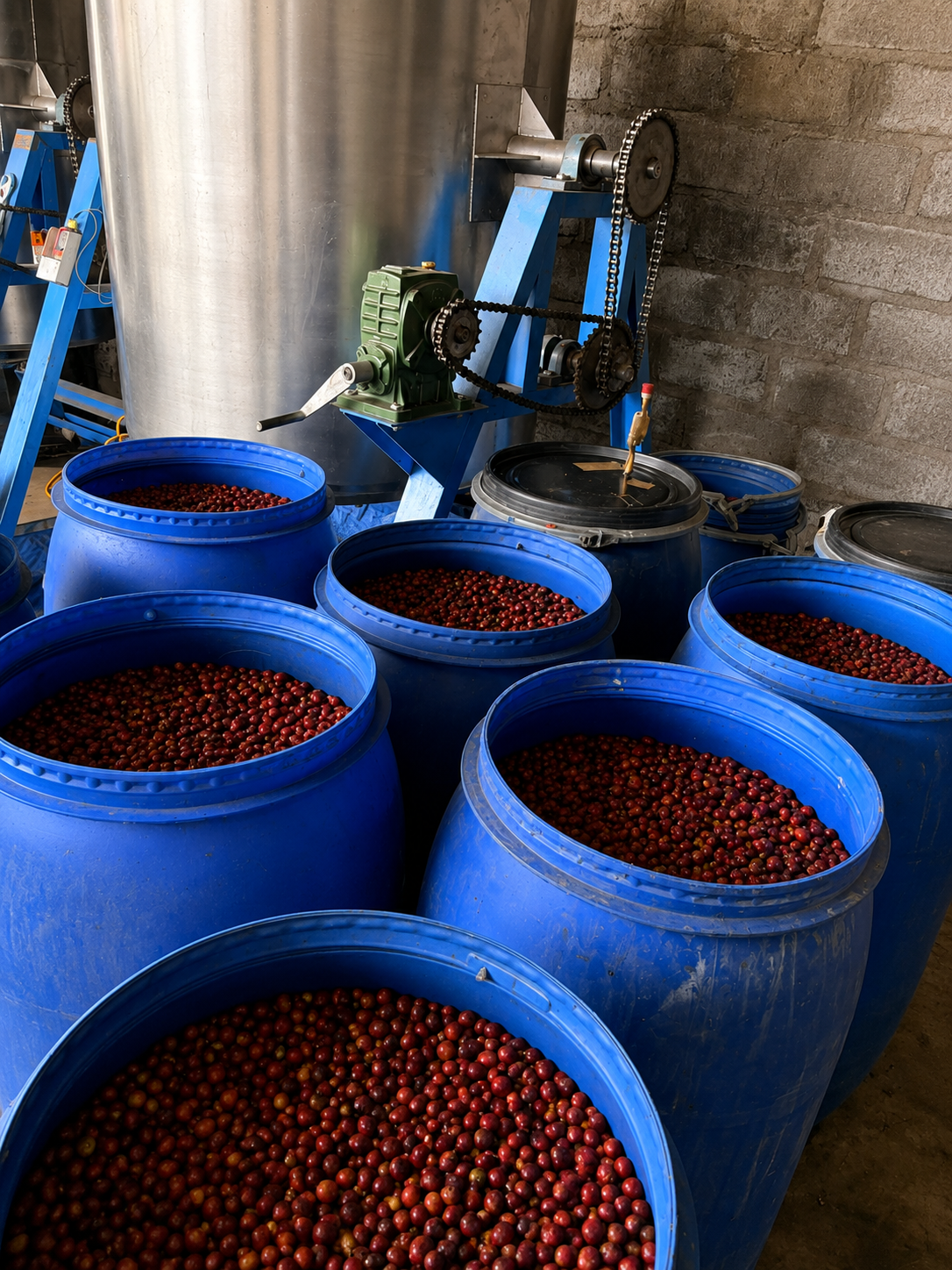 Multiple large blue containers filled with red coffee cherries in a processing area with machinery for washing and processing the cherries.