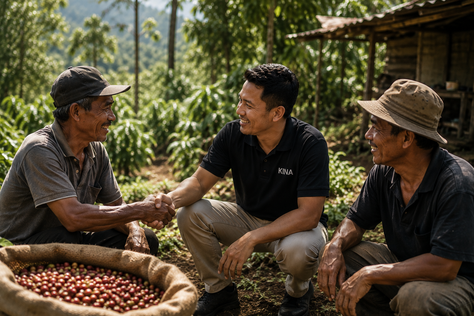 Three men sitting outdoors in a farm, two of them are shaking hands and smiling, while the third man is also smiling. There are plants and some farm structures in the background.