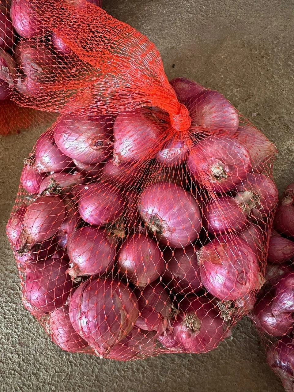 A netted bag of red onions resting on a textured surface.