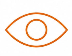 Orange outline of an eye with a circular center inside the eye outline.