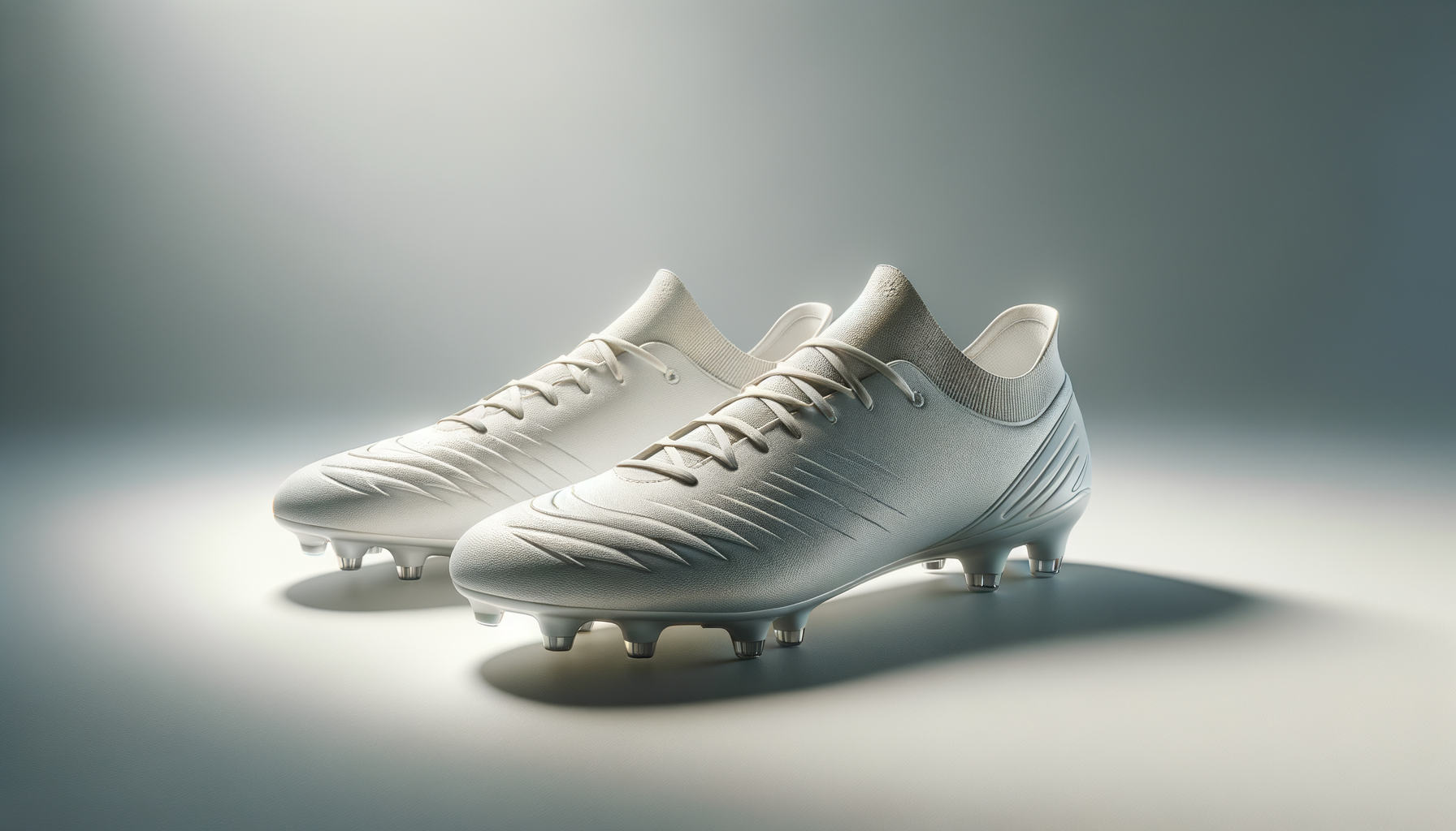 Pair of white soccer cleats with a textured surface and striped design, shown on a plain surface with soft lighting.