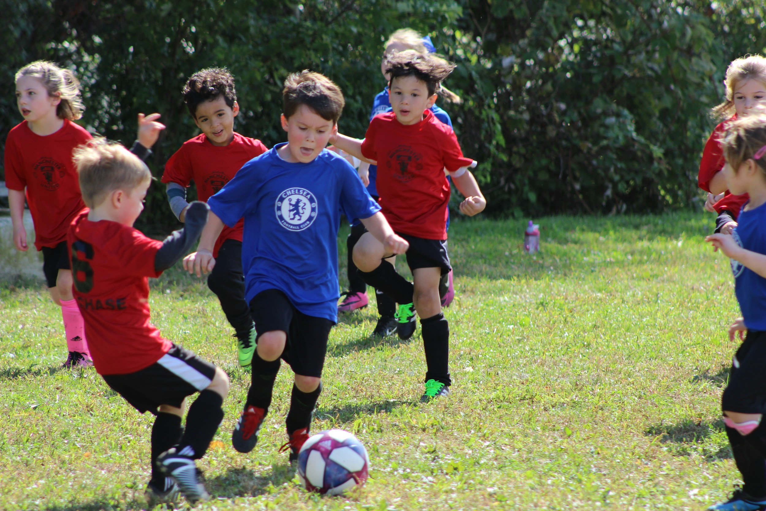 Children playing soccer outdoors on a grassy field with trees in the background, wearing colorful sports shirts.