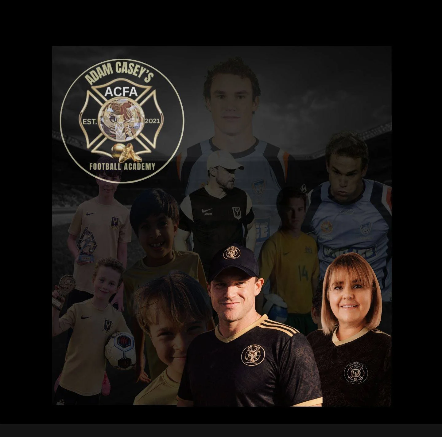 Collage of children, coaches, and a woman, all wearing soccer jerseys, with a logo for Adam Casey's ACFA Football Academy in the top left corner.