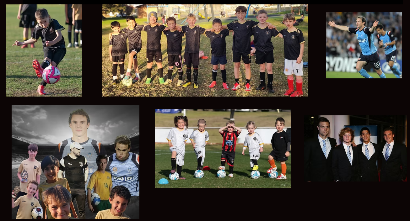 Group of children and adults involved in soccer activities and a photo of men dressed in suits at a formal event.