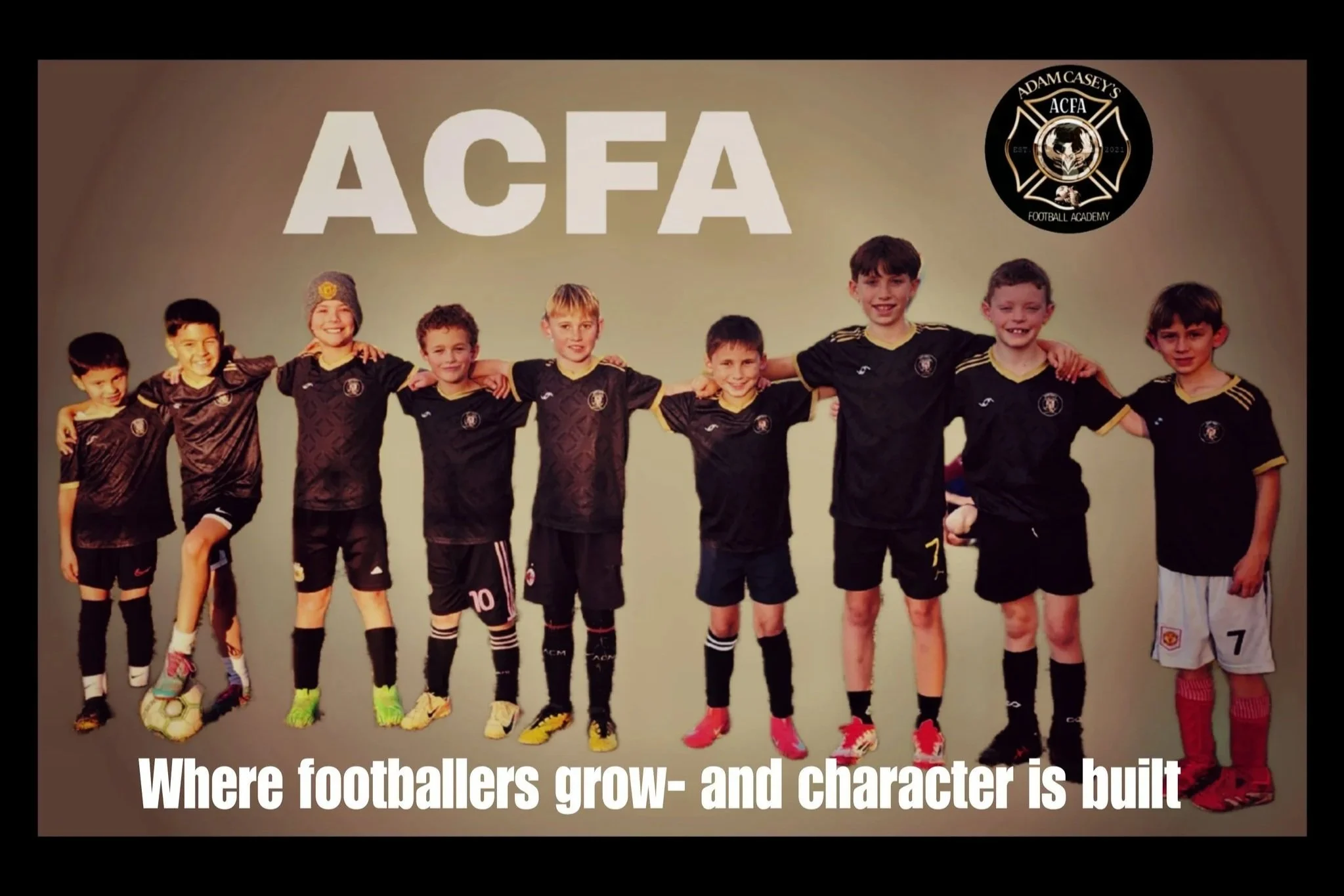 Young boys in black football uniforms standing together with arms around each other in front of a wall with the ACFA logo and large text. The image includes a quote about the growth and character fostered by football.