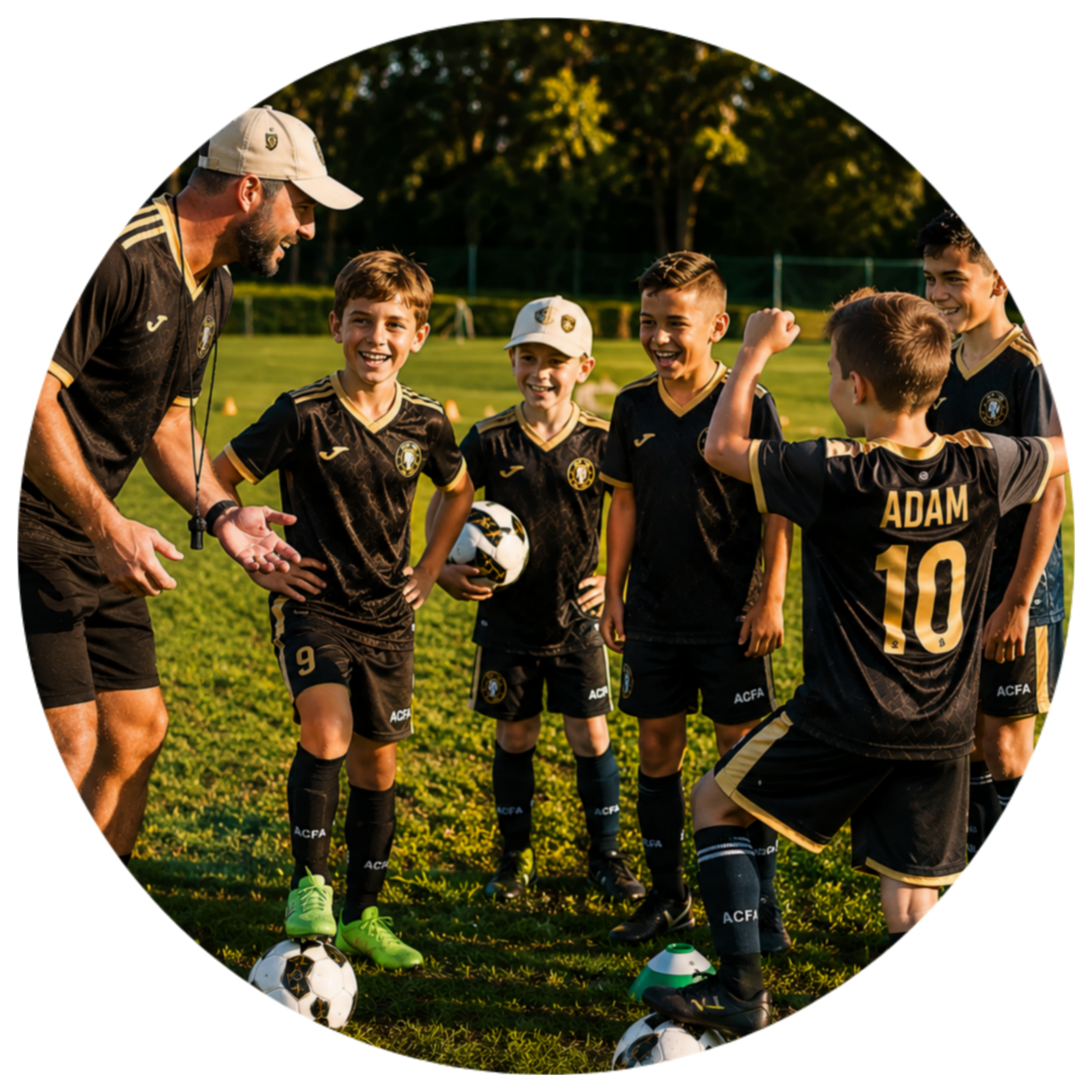 A coach with a beard wearing a beige baseball cap and a black sports jersey is speaking to a group of young boys on a soccer field during daytime. The boys are wearing black and gold soccer uniforms with the initials 'ACFA' and the number '9' visible on some. They are smiling and one boy is raising his arm. Soccer balls are on the grass in front of them, and trees are in the background under sunlight.