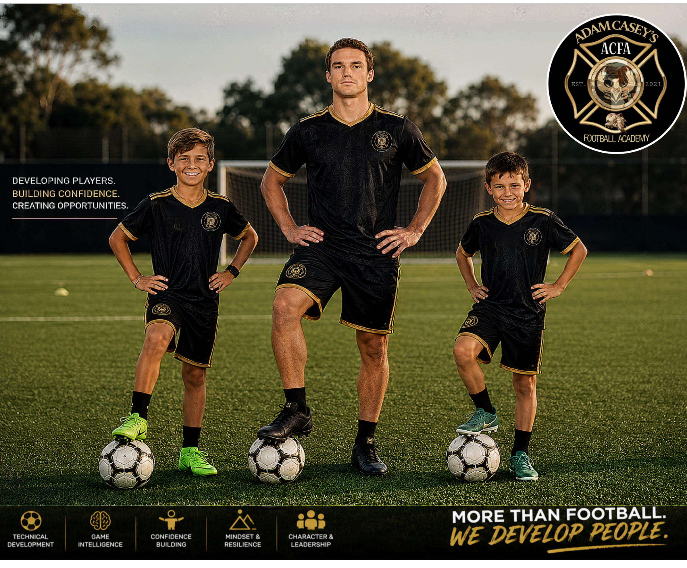 A man and two boys standing on a soccer field with soccer balls, wearing black and gold soccer uniforms, in front of a goal, promoting a football academy.