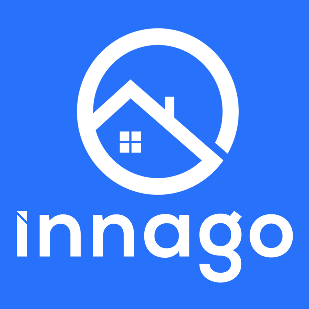 Blue background with a white circular logo featuring a house inside a circle and the word 'innago' below.