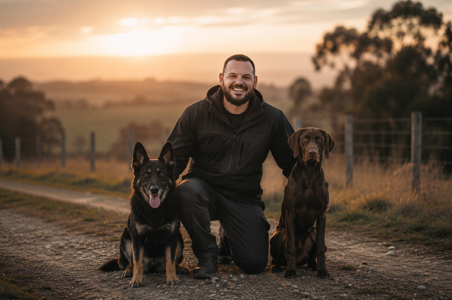 Melbourne balanced dog trainer Stefan from Straight Line K9 with his German Shepherd and German Shorthaired Pointer outdoors at sunset. Hunting dogs and working dogs are his specialty.